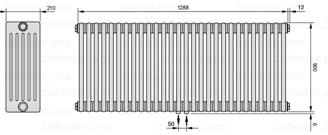 Схема (чертеж) Радиатор Zehnder Charleston 6090/28 №5410 Белый глянцевый RAL 9016